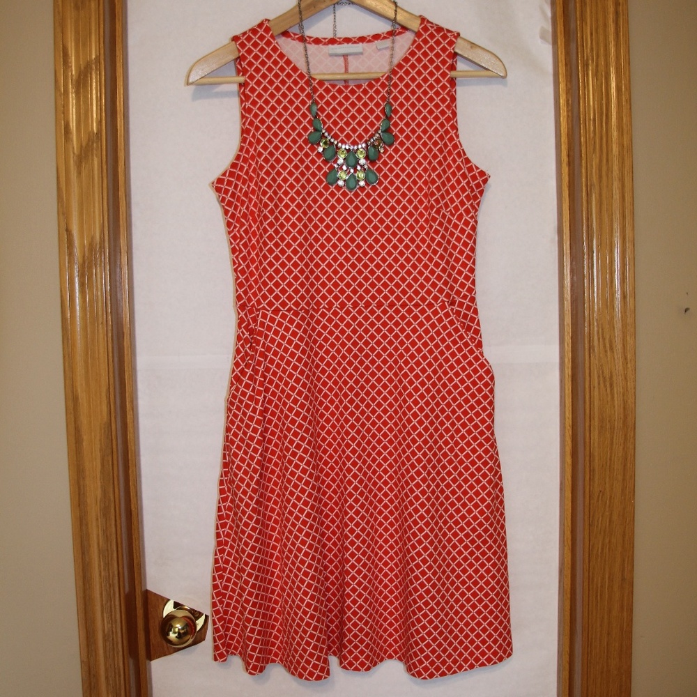 New York & Company Red Geometric Sleeveless Fit-and-Flare Dress
